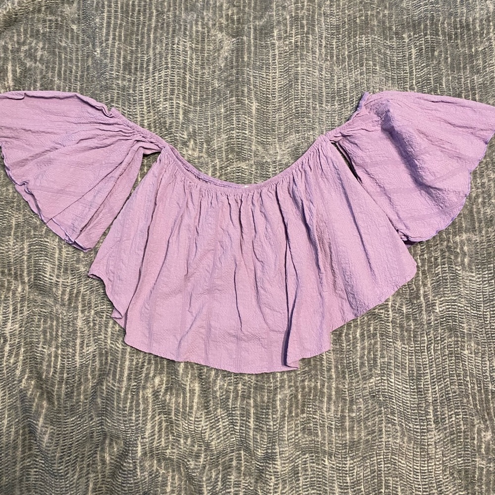 Off shoulder purple ruffle top, worn once from Fantastic Fawn size small